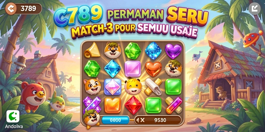 Screenshot gameplay C789 menampilkan keseruan mencocokkan batu permata warna-warni.