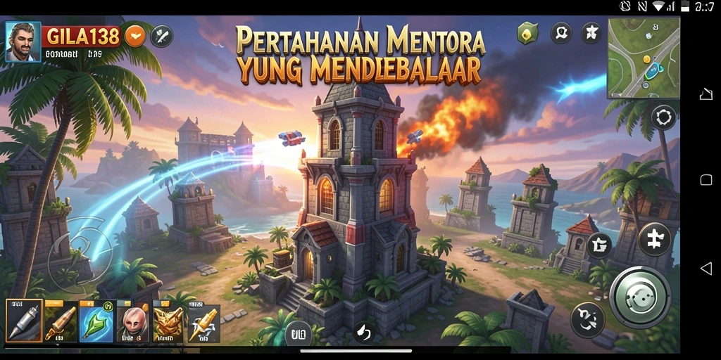 Tampilan gameplay GILA138 dengan menara yang menjulang dan musuh yang menyerang.