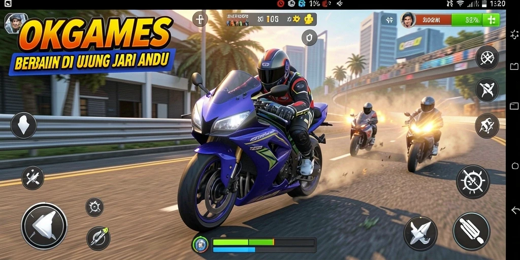 Tampilan gameplay seru dari OKGAMES saat balapan motor.